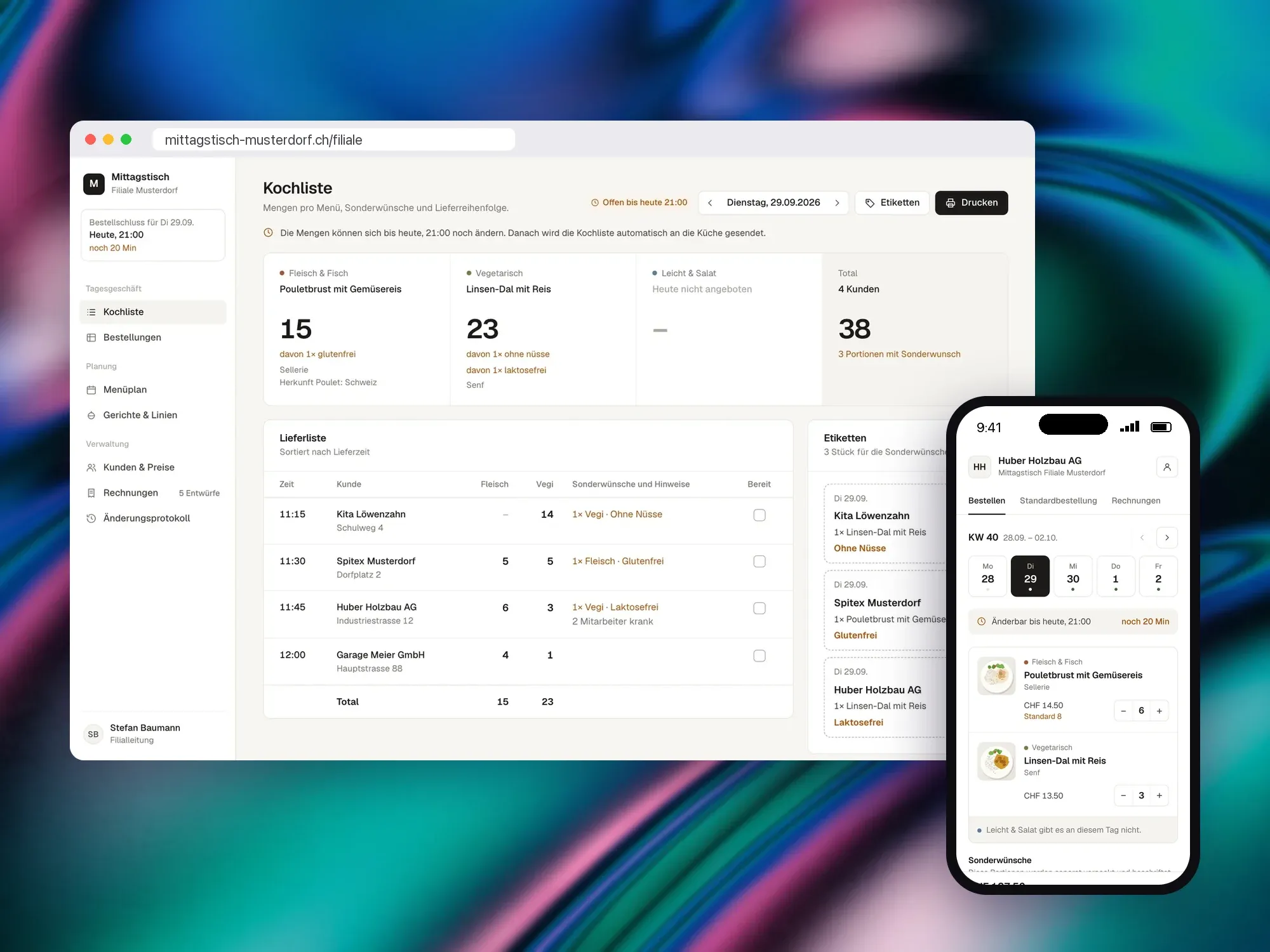 Bestellsystem in Desktop- und iPhone-Ansicht