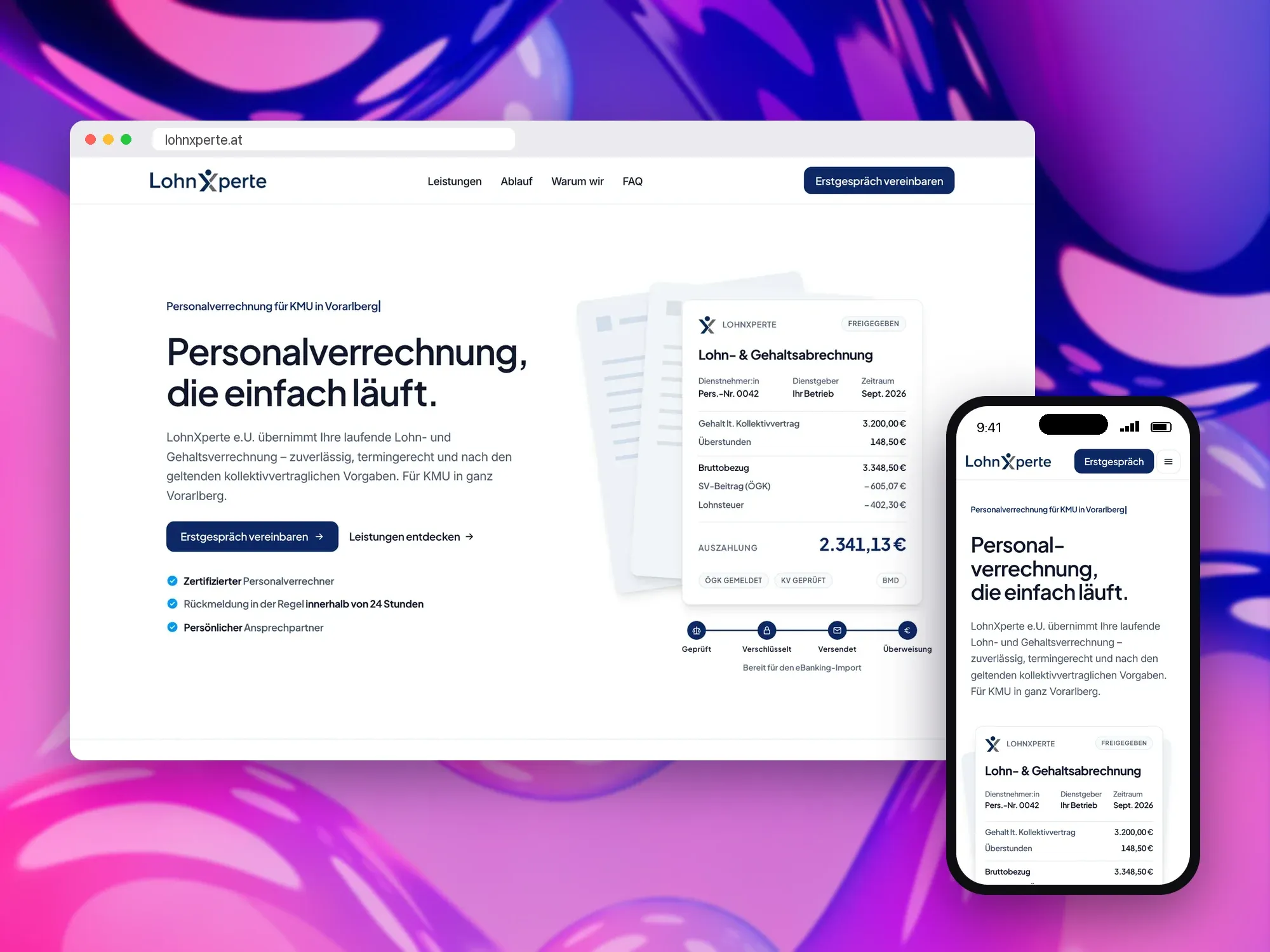 LohnXperte Website in Desktop- und iPhone-Ansicht