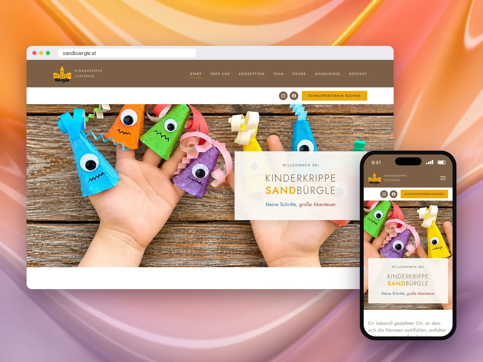 Kinderkrippe Sandbürgle Website in Desktop- und iPhone-Ansicht